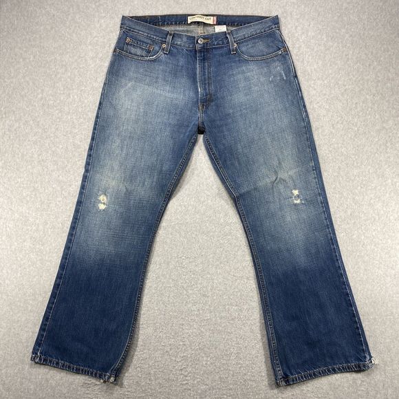 Levis 527 Jeans Mens 36x29.5 Blue Denim Low Boot Distressed Classic Faded‎ - Picture 1 of 16